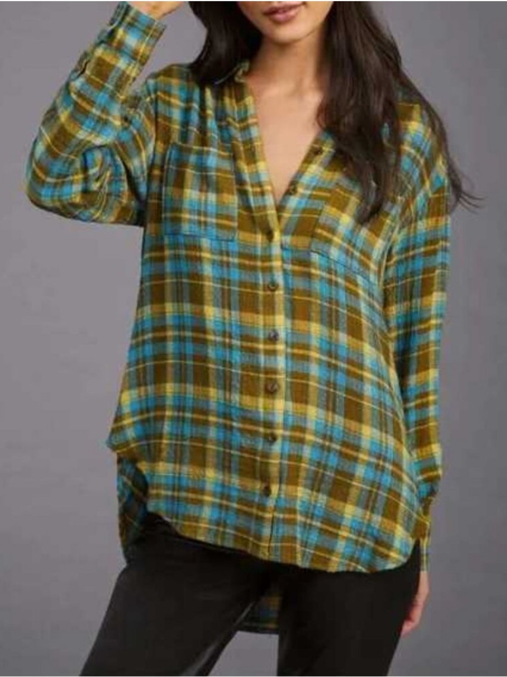 Pilcro Anthropologie The Hadley Relaxed Plaid Button Down Shirt Green Blue Small